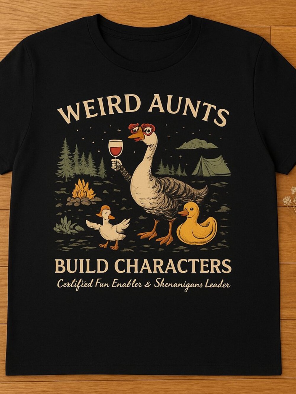 Weird Aunts Build Characters Graphic Tee | Funny Duck Camping T-Shirt